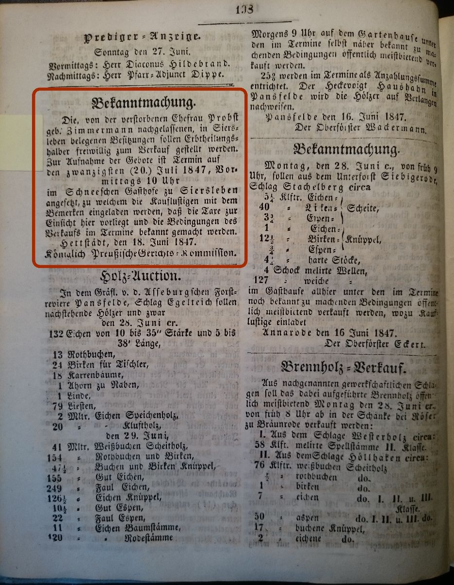 Mansfelder Wochenblatt 1847 Inserat probst